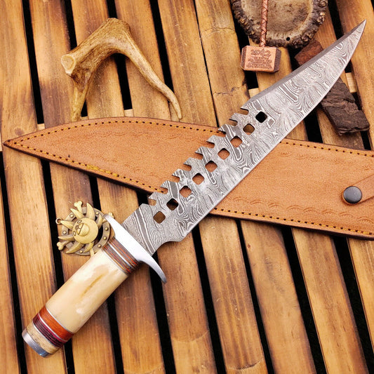 16 Inch Damascus Steel Bowie Knife with Camel Bone Handle and Leather Sheath