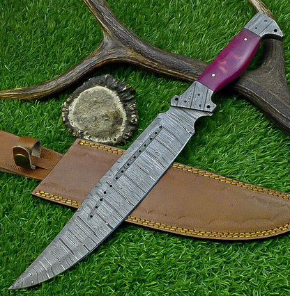16 Inch Custom Forged Damascus Bowie Knife with Resin Handle and Damascus Bolster