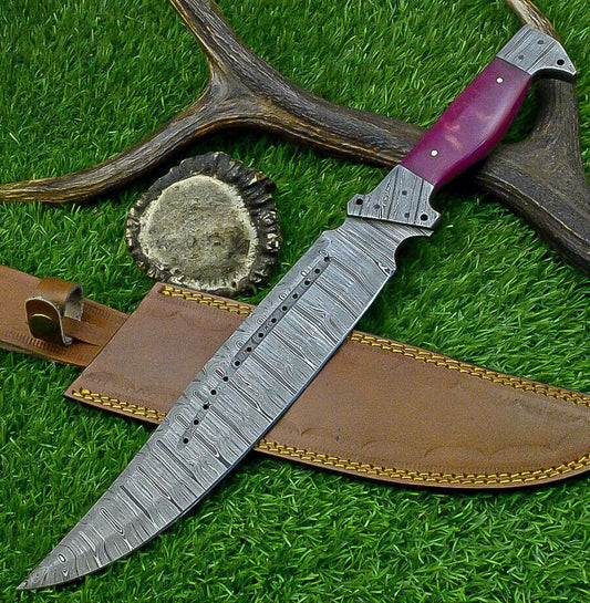 16 Inch Custom Forged Damascus Bowie Knife with Resin Handle and Damascus Bolster