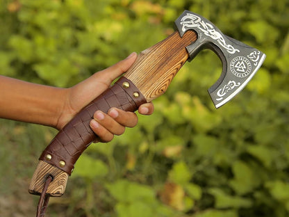 16 Inch Hand Forged Carbon Steel Axe Viking Axe with Rosewood Handle & Leather Sheath 
