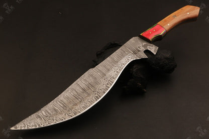 16 Inch Hand Forged Damascus Steel Bowie Hunting Knife with Wood Handle by Heritage Forge