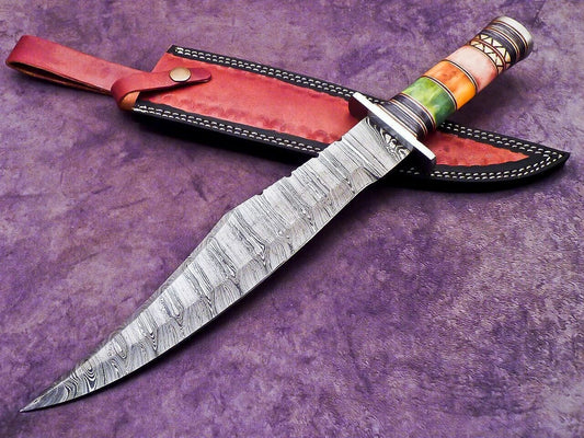 16 Inch Handmade Damascus Steel Bowie Hunting Knife with Resin Handle by Heritage Forge