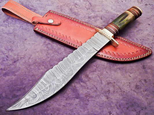 16 Inch Handmade Damascus Steel Bowie Knife with Camel Bone and Hardwood Handle by Heritage Forge