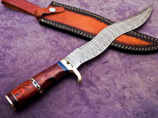 16 Inch Handmade Damascus Steel Bowie Knife with Natural Wood and Brass Handle by Heritage Forge