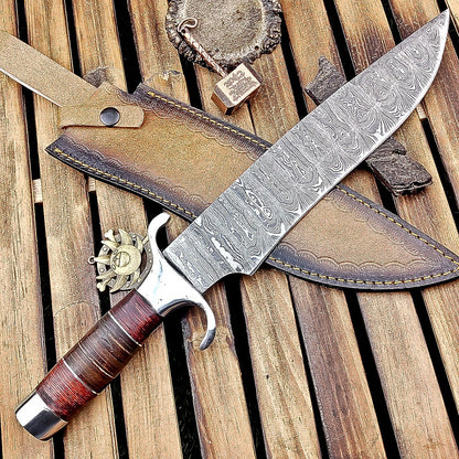 16 Inch Handmade Damascus Steel Bowie Knife with Wood and Leather Handle
