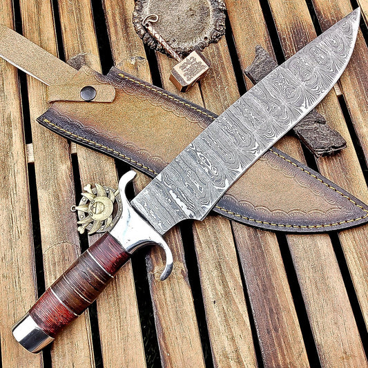 16 Inch Handmade Damascus Steel Bowie Knife with Wood and Leather Handle