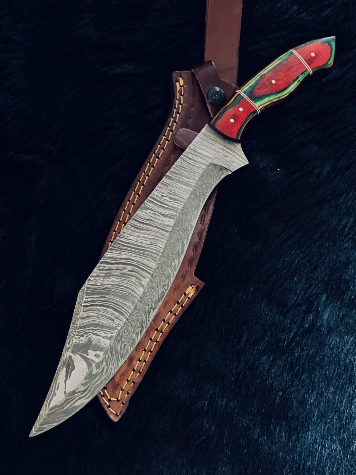 16" Twist Damascus Bowie Knife Damascus Steel Knife With Camel Bone & Wood Handle 