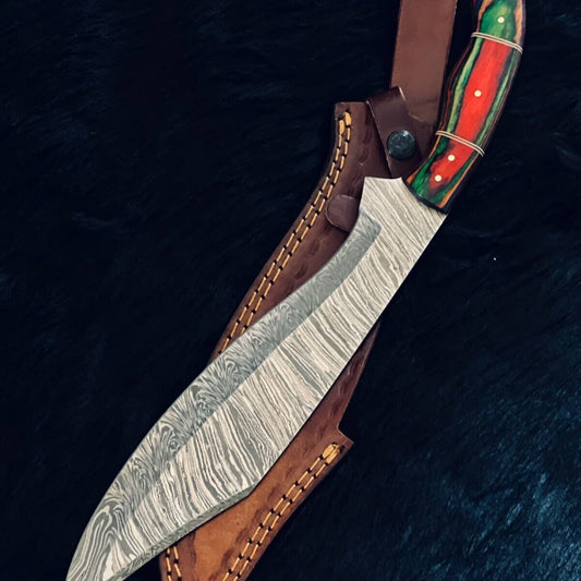 16" Twist Damascus Kukri Knife – Camel Bone & Wood Handle with Brass Spacers
