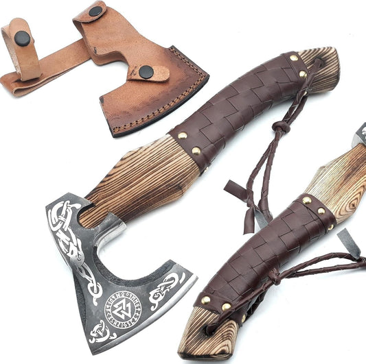 16″ Viking Axe Hatchet – Hand-Forged Carbon Steel Blade with Rosewood Handle & Leather Sheath