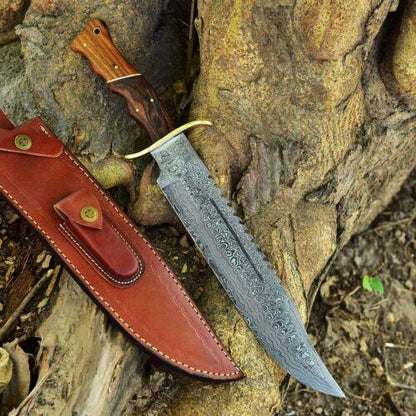  16" Wood Handle Damascus Bowie Knife – Hand Forged Hunting Rambo Blade