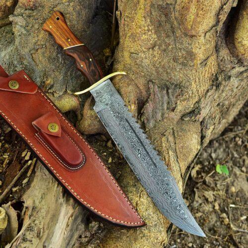  16" Wood Handle Damascus Bowie Knife – Hand Forged Hunting Rambo Blade