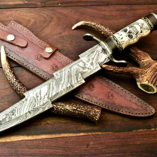 17.5" Laser Etched Damascus Hunting Bowie Knife | Stained Camel Bone