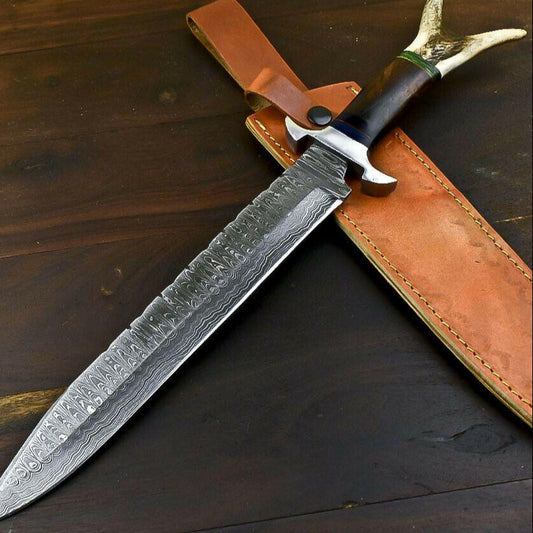 17.6" Damascus Steel Bowie Knife with Stag Deer Antler Handle – Full Tang Handmade Blade