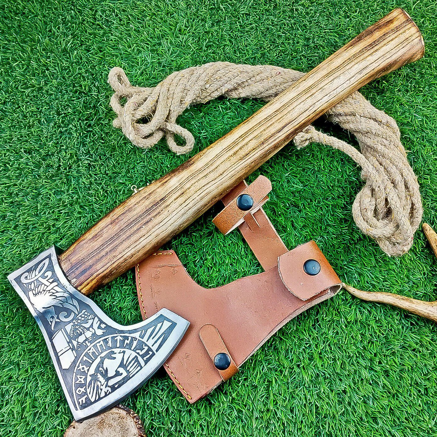 17" Custom Hand Forged Steel Axe Viking Axe for Sale With Wood Handle & Leather Sheath