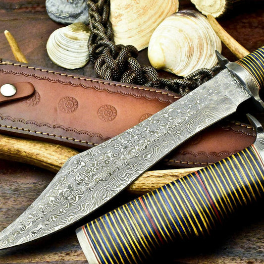 17" Damascus Bowie Hunting Knife – Wood Slice Handle with Leather Sheath