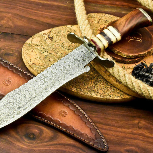17" Damascus Bowie Knife | Bone and Walnut Wood Handle & Leather Sheath
