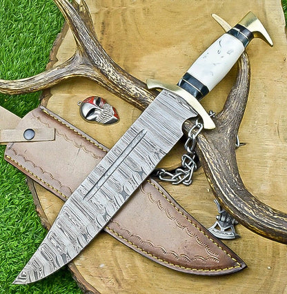 17" Damascus Steel Bowie Knife – Resin & Camel Bone Handle with Brass Bolster