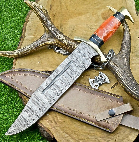 17" Damascus Steel Bowie Knife – Resin Handle & Leather Sheath 