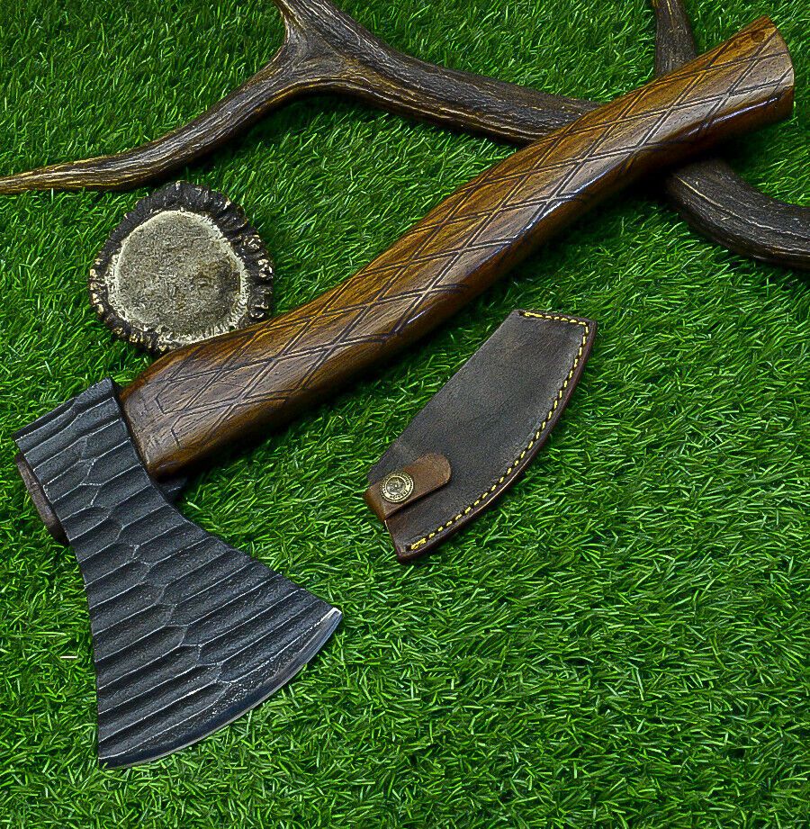 17" Handcrafted Carbon Steel Axe Viking Tomahawk Axe with Rosewood Handle & Sheath