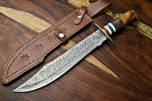 17" Handmade Damascus Bowie Knife Damascus Steel Knife With Camel Bone Handle & Sheath