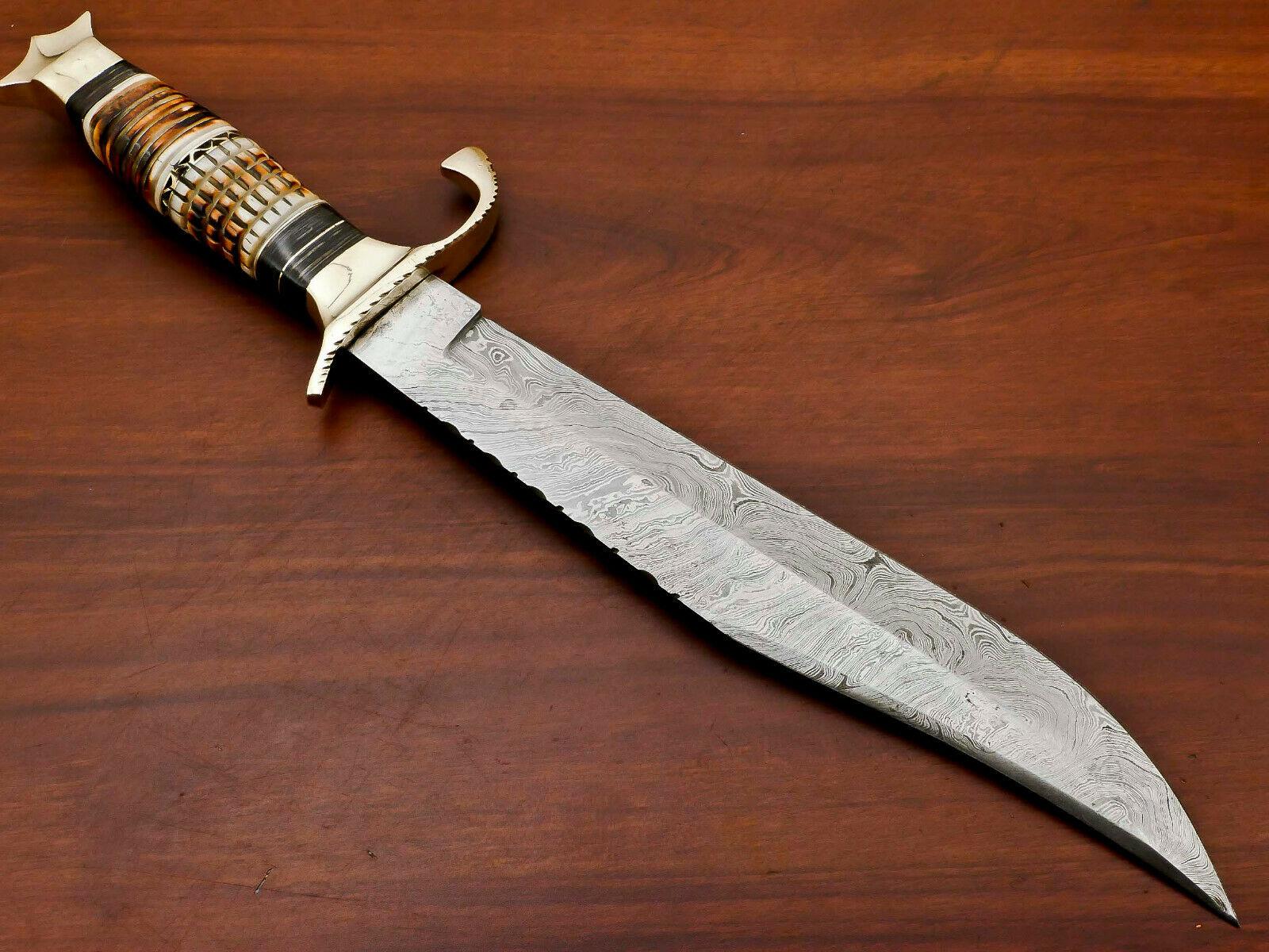 17" Handmade Damascus Bowie Knife Damascus Steel Knife With Stained Camel Bone Handle 