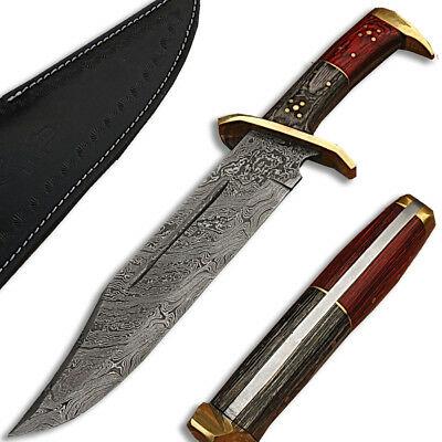 17" Handmade Damascus Bowie Knife With Frost Wood Handle and Leather Sheath