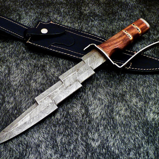 17" Handmade Damascus Kris Blade Bowie Knife – Natural Wood Handle & Leather Sheath