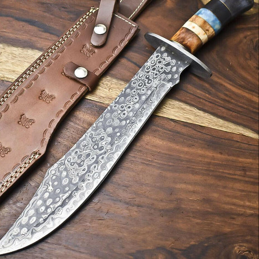 17" Handmade Damascus Steel Hunting Bowie Knife – Camel Bone Handle, Full Tang

