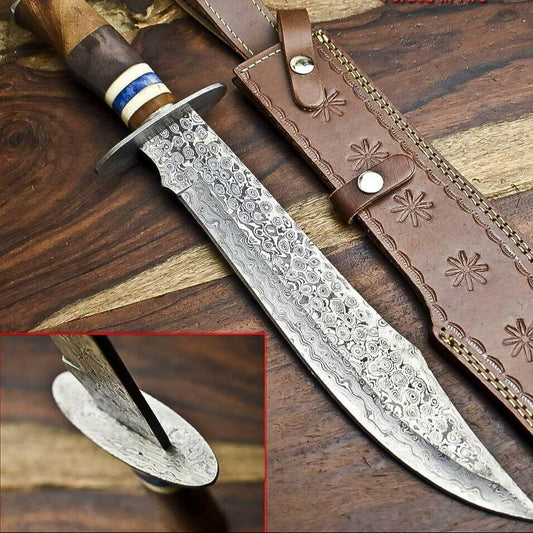 17" Handmade Damascus Steel Hunting Bowie Knife – Camel Bone Handle with Leather Sheath