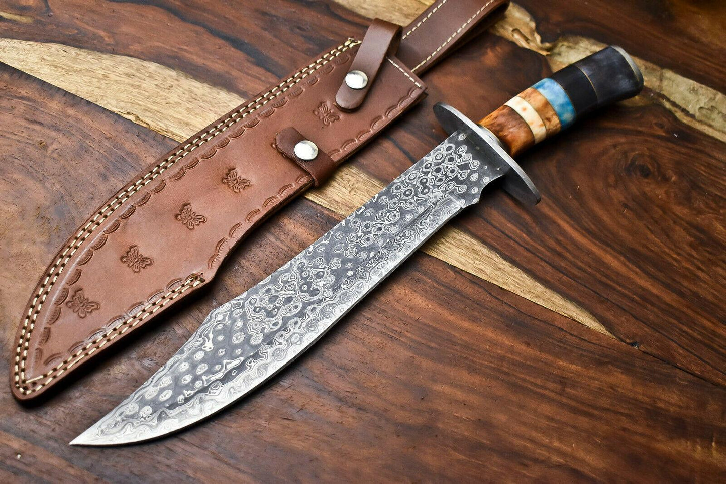 17" Handmade Damascus Steel Knife Damascus Bowie Knife With Camel Bone Handle & Sheath