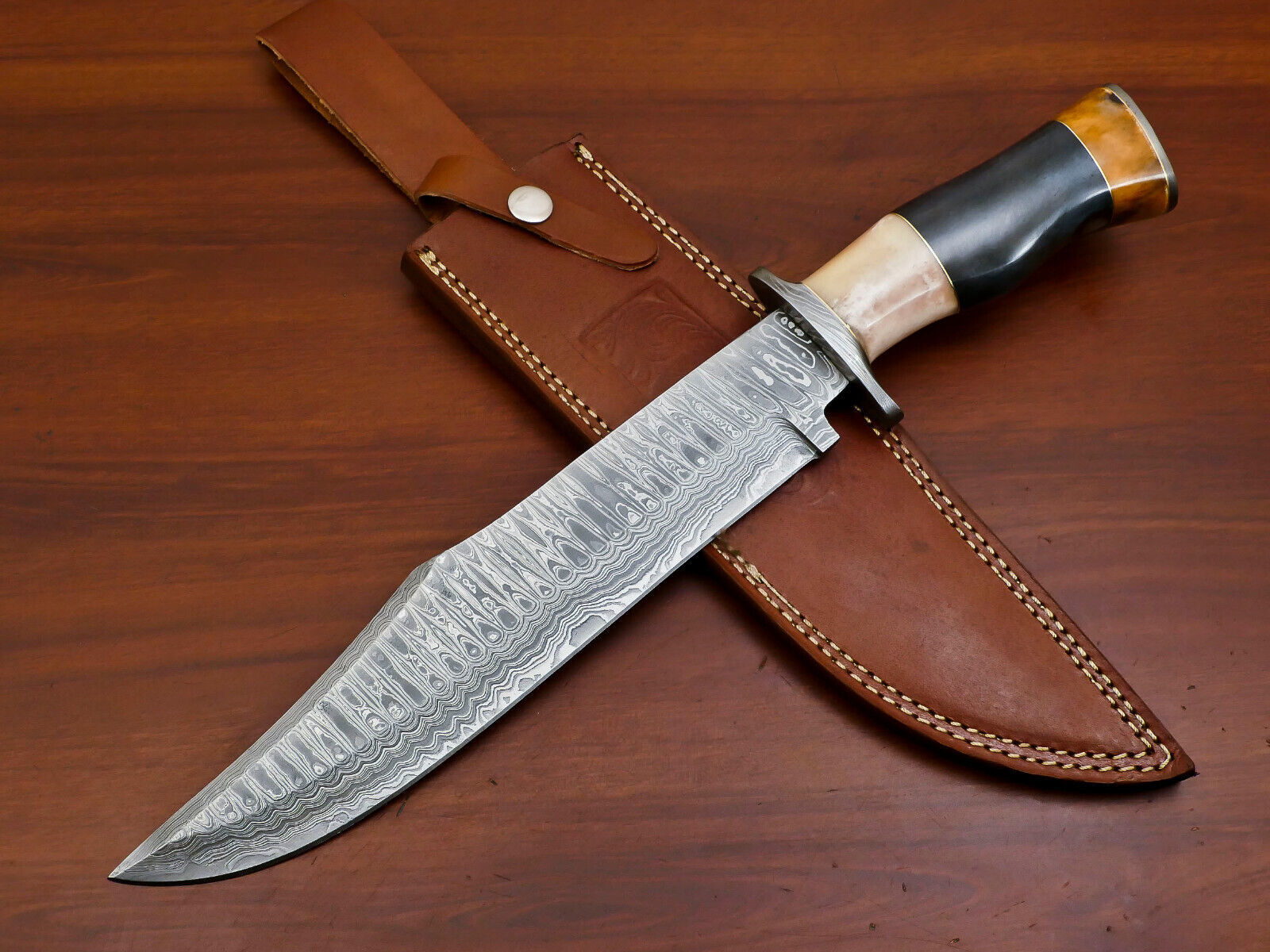 17 Inch Custom Handmade Damascus Bowie Knife with Stained Camel Bone Handle