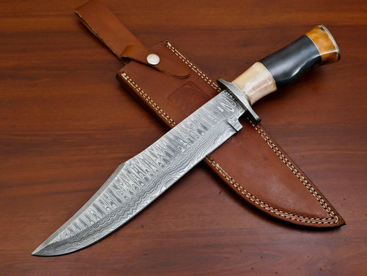 17 Inch Custom Handmade Damascus Bowie Knife with Stained Camel Bone Handle