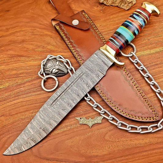 17 Inch Custom Handmade Damascus Steel Bowie Knife with Resin Handle and Casted Steel Bolster