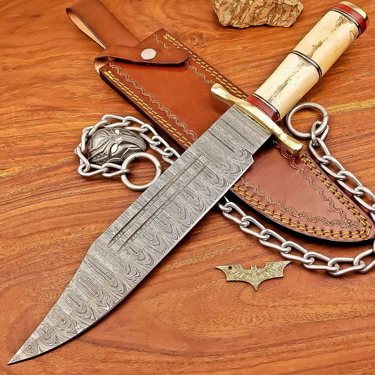 17 Inch Custom Handmade Damascus Steel Bowie Knife with Wood Handle and Brass Bolster