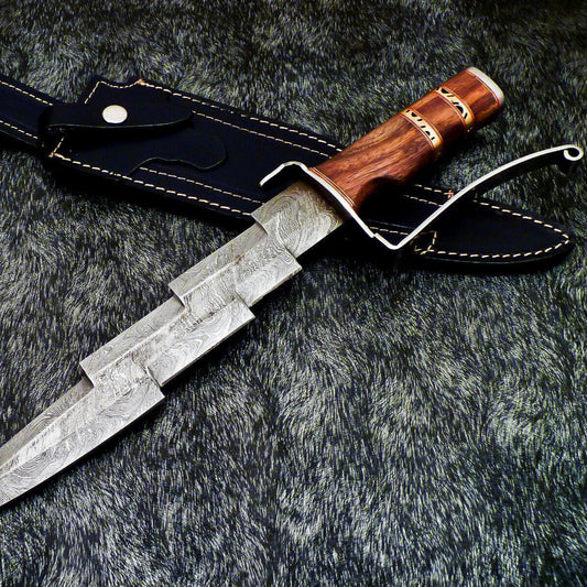 17 Inch Damascus Kris Blade Hunting Knife with Wood Handle