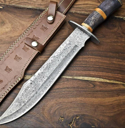 17 Inch Damascus Steel Bowie Knife with Camel Bone Handle