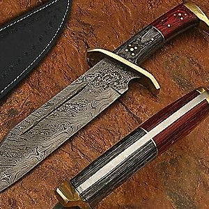 17 Inch Damascus Steel Rattler Bowie Knife with Frost Wood Handle