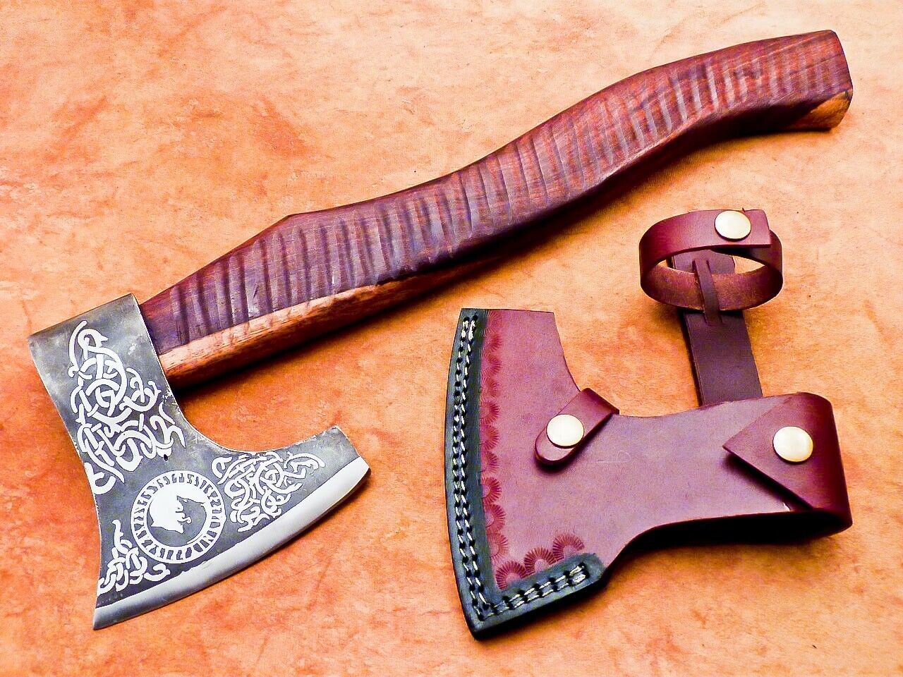 17 Inch Hand Forged Steel Axe Bearded Axe with Rose Wood Handle & Leather Sheath 
