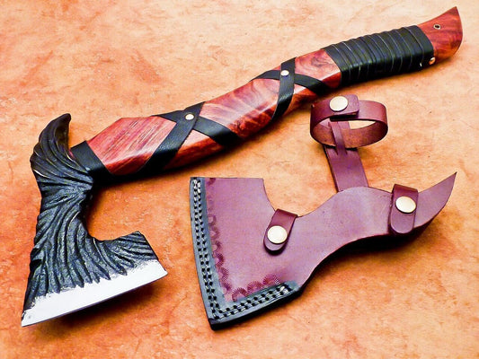17 Inch Hand Forged Steel Axe Viking Axe for Sale With Rose Wood Handle & Sheath