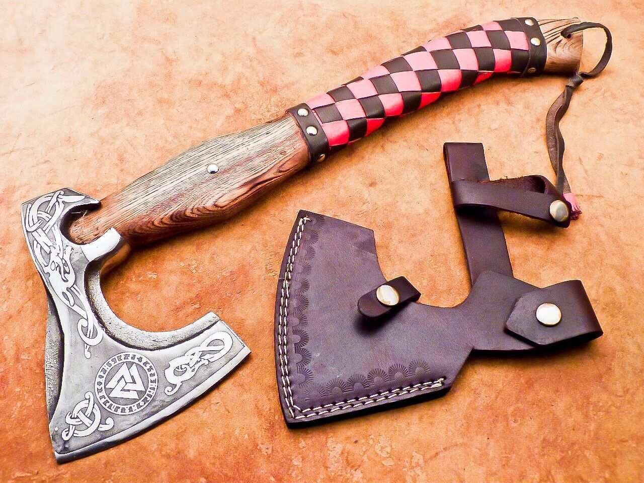  17 Inch Hand Forged Viking Bearded Axe Carbon Steel Axe with Leather Sheath 