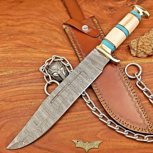 17 Inch Handmade Damascus Steel Bowie Knife with Bone Handle and Brass Bolster