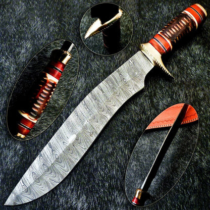 17 Inch Handmade Damascus Steel Hunting Bowie Knife with Camel Bone and Hardwood Handle