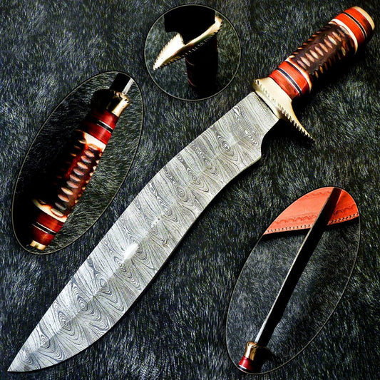 17 Inch Handmade Damascus Steel Hunting Bowie Knife with Camel Bone and Hardwood Handle