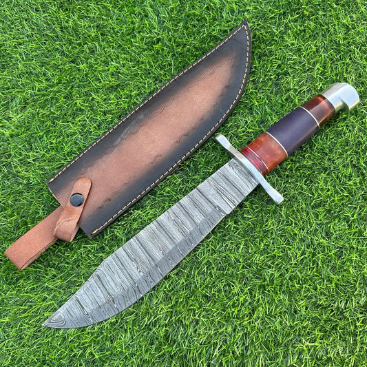 17" Premium Handmade Damascus Steel Bowie Knife – Bone and Horn Handle Knife & Leather Sheath