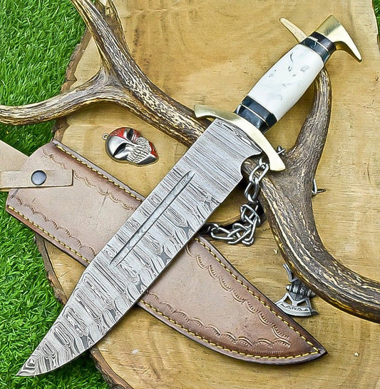 17" Premium Handmade Damascus Steel Bowie Knife – Outdoor Hunting Knife with Leather Sheath