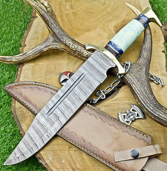 17" Premium Handmade Damascus Steel Bowie Knife – Resin Handle, Brass Bolster & Leather Sheath