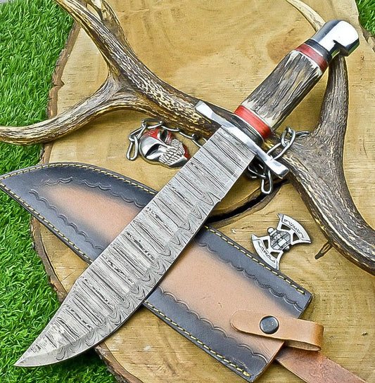 17" Premium Handmade Damascus Steel Bowie Knife – Stag Handle & Leather Sheath