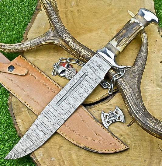 17" Premium Handmade Damascus Steel Bowie Knife – Stag Horn Handle with Leather Sheath