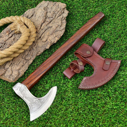17" Viking Hand Forged 1095 High Carbon Steel Axe Tomahawk Axe with Rose Wood Handle