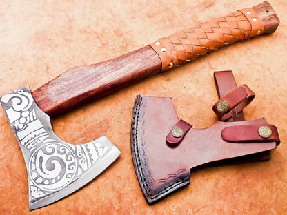 17 inch Hand Forged Steel Axe Viking Tomahawk Axe with Natural Wood Handle & Sheath